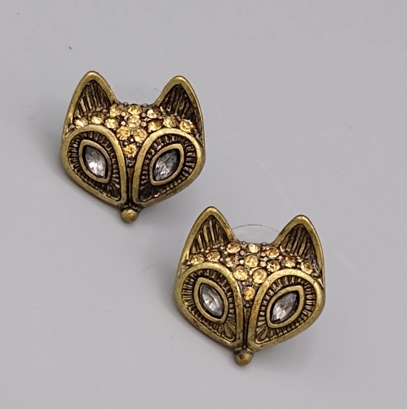 Gold tone Rhinestone Fox Post Back Stud Earrings